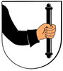 Das ehemalige Oberhausener Wappen nimmt Bezug auf den Sitz des Stabhalters des Thalgerichts (Arm mit Stab und Schwurhand auf silbernem Grund)